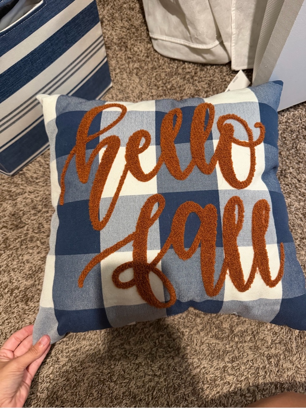 Kirklands Blue & Orange Buffalo Plaid 'Hello Fall' Accent Pillow